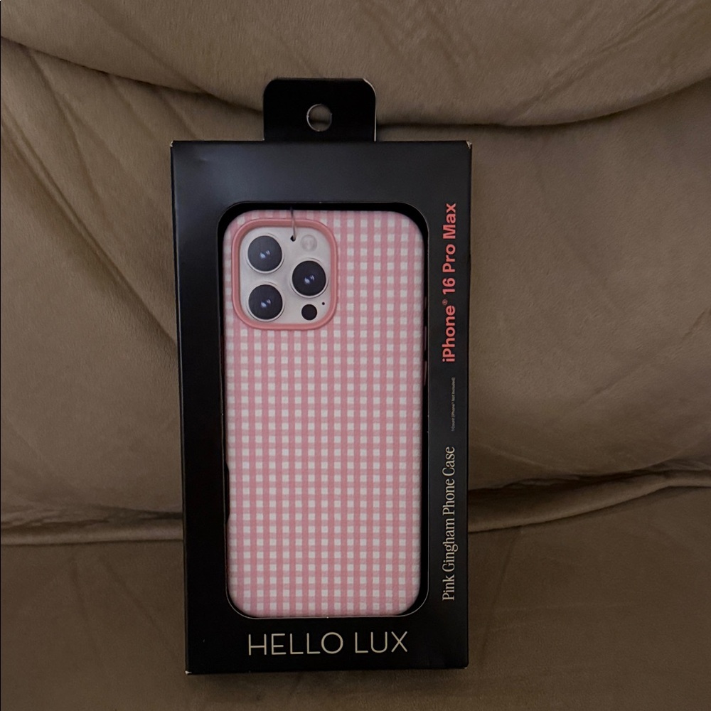 Brand new Hello Lux pink gingham iPhone 16 pro max case